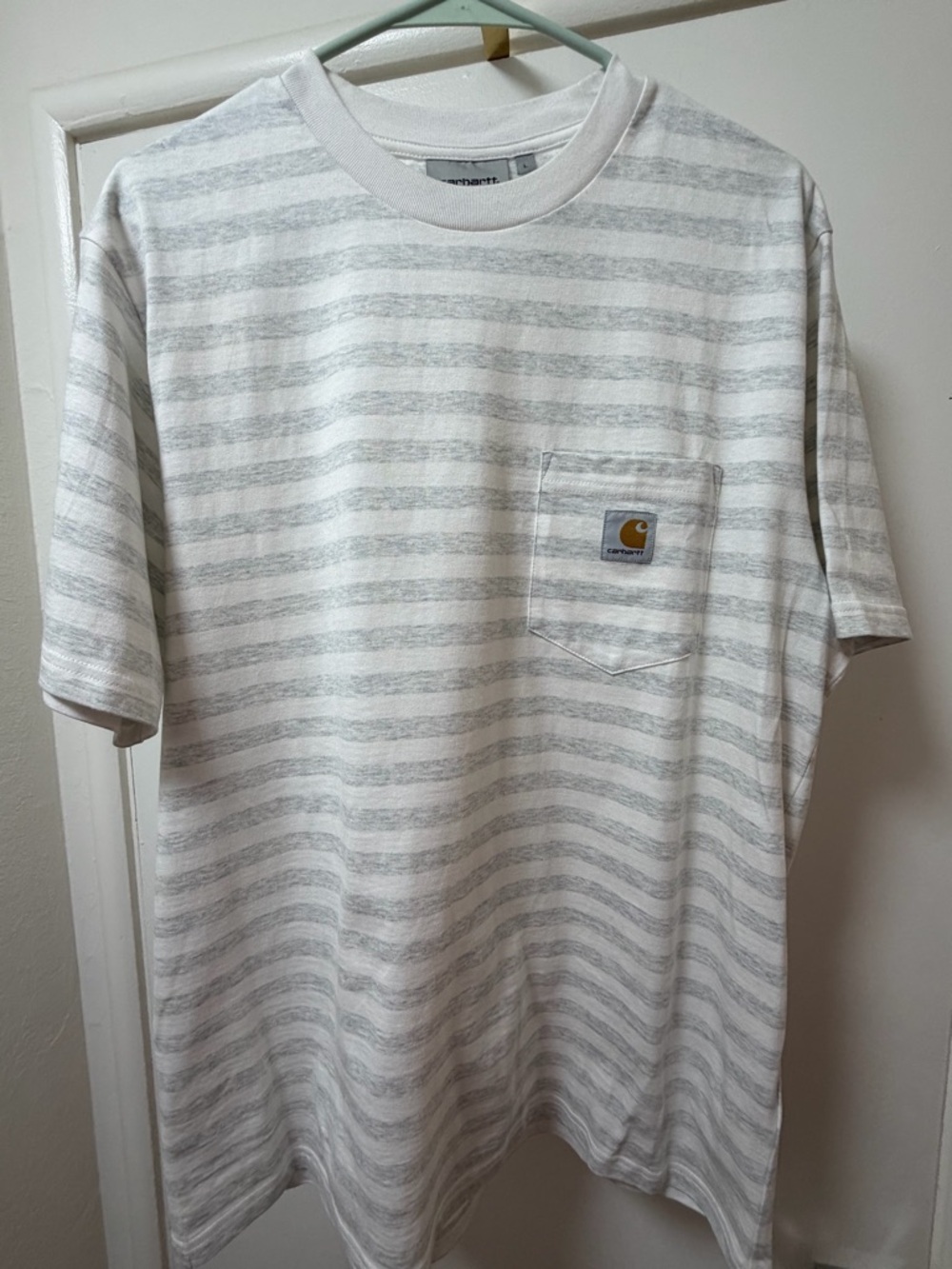 Carhartt Men’s Short Sleeve Pocket Tee — White with Light Gray Stripes - Size L